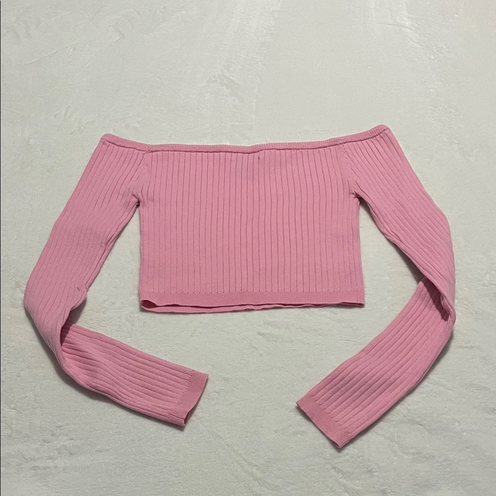 Cropped Pink Off-Shoulder Ribbed Sweater - Picture 4 of 4